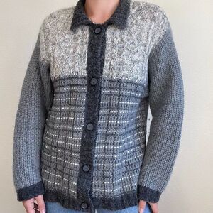 Vintage Womens 80s Wool Blend Gray Chunky Knit Geometric Cardigan Sz L